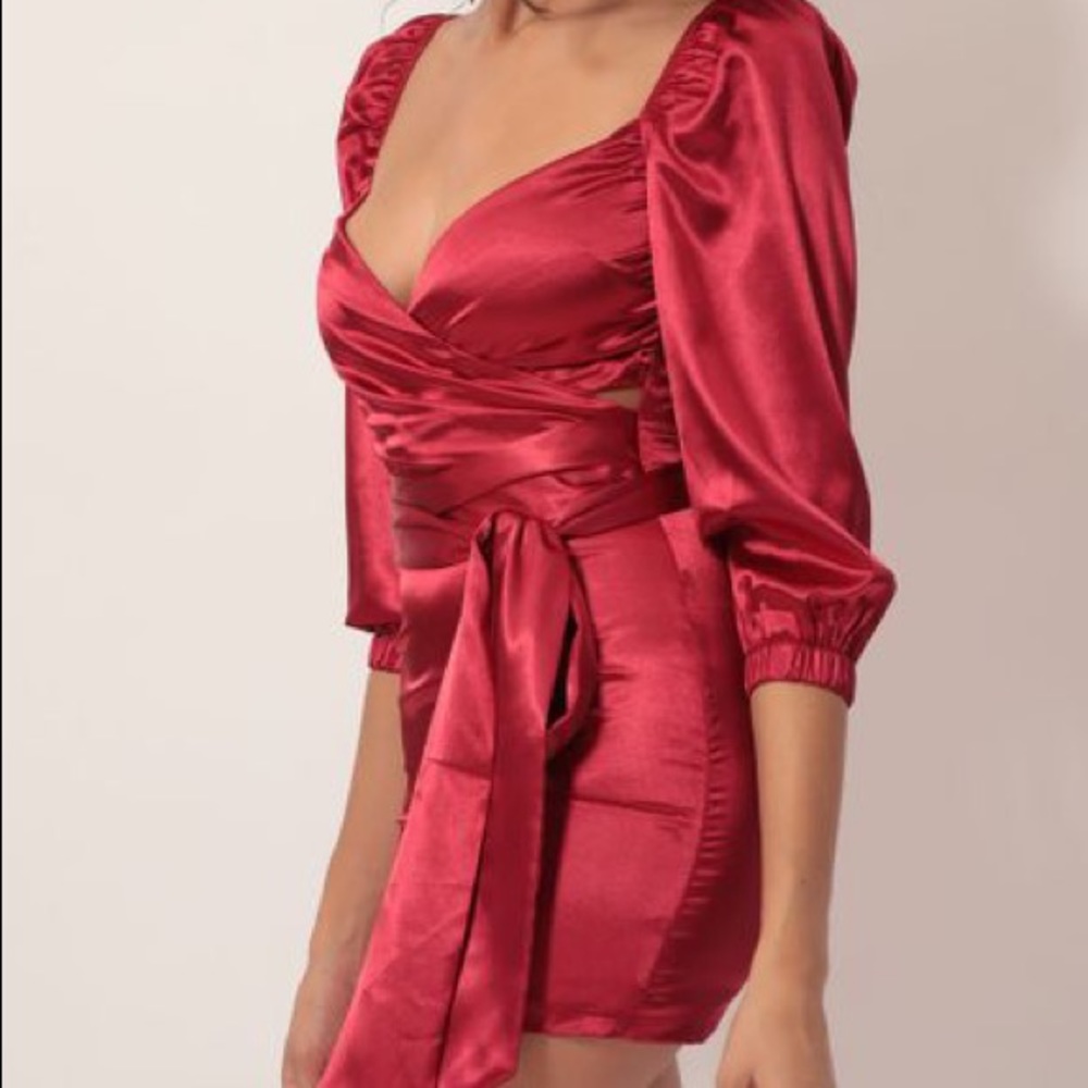 Miley Puff Sleeve Wrap Dress in Red Satin